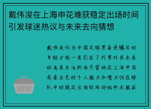 戴伟浚在上海申花难获稳定出场时间引发球迷热议与未来去向猜想